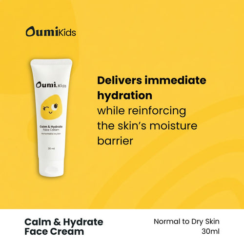 Oumi Kids Calm & Hydrate Face Cream delivering immediate hydration while reinforcing the skin’s moisture barrier
