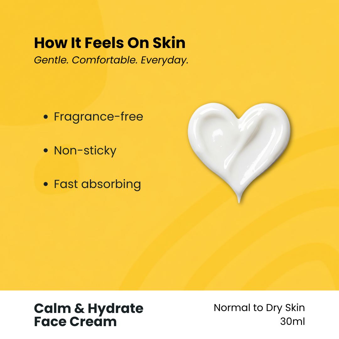 Texture of Oumi Kids Calm & Hydrate Face Cream showing a gentle, fragrance-free, non-sticky formula