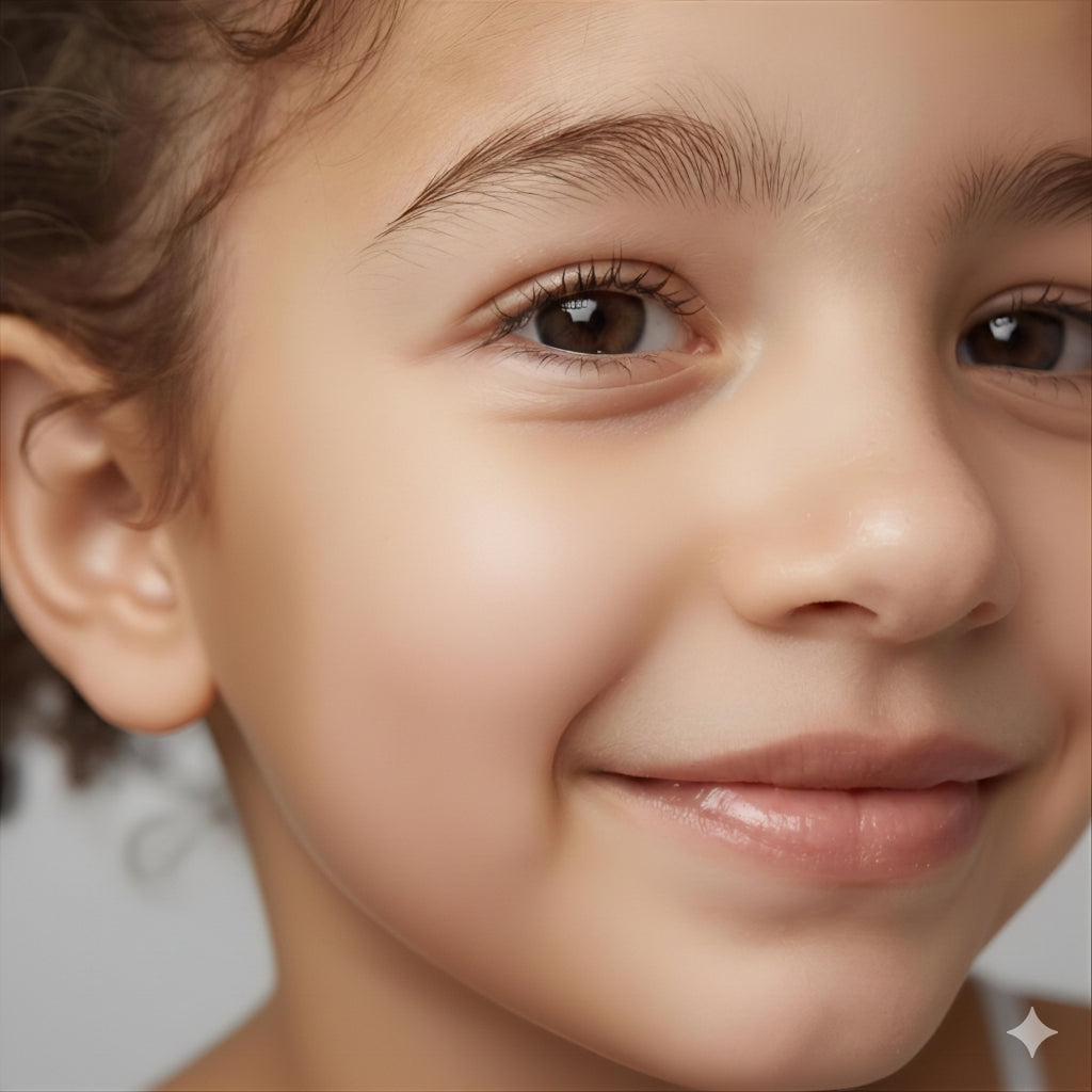 Portrait of a young child with healthy hydrated skin, representing gentle daily barrier care.